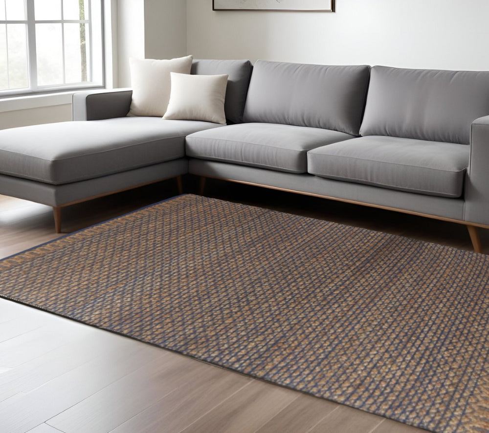 HomeRoots 8' Tan and Navy Lattice Area Rug - Handcrafted Bohemian Design for High-Traffic Indoor Spaces 9' X 12' 395173