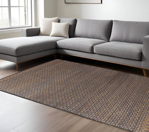 HomeRoots 8' Tan and Navy Lattice Area Rug - Handcrafted Bohemian Design for High-Traffic Indoor Spaces 9' X 12' 395173