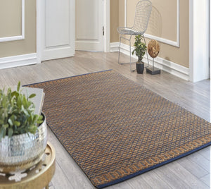 HomeRoots 8' Tan and Navy Lattice Area Rug - Handcrafted Bohemian Design for High-Traffic Indoor Spaces 9' X 12' 395173
