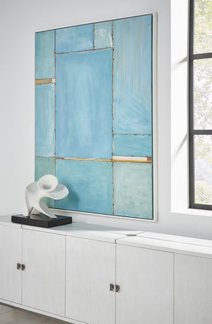 Wildwood Blue Mood Painting — Large 62"X49.5" Oil Abstract With Layered Blues, Gold Accents, Neoplastic Minimalist Elegance 395179