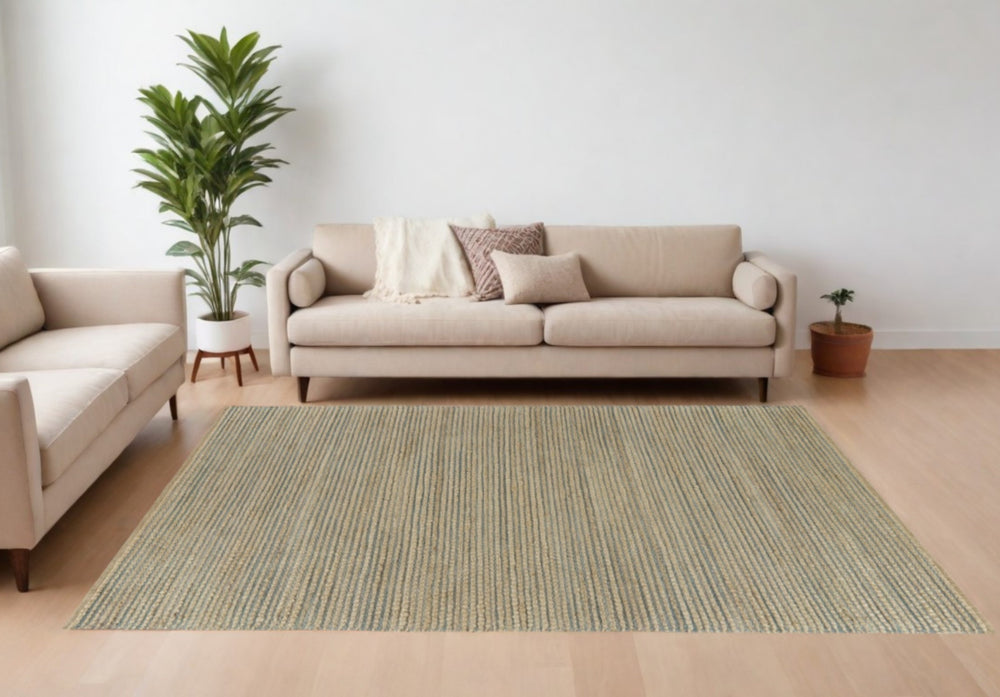 Homeroots 9' X 12' Tan And Blue Undertone Striated Area Rug  Jute 395183