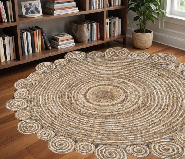 HomeRoots 8’ Natural Coiled Area Rug – Handcrafted Jute Spiral Design for Bohemian and Modern Home Decor 8' Round 395185