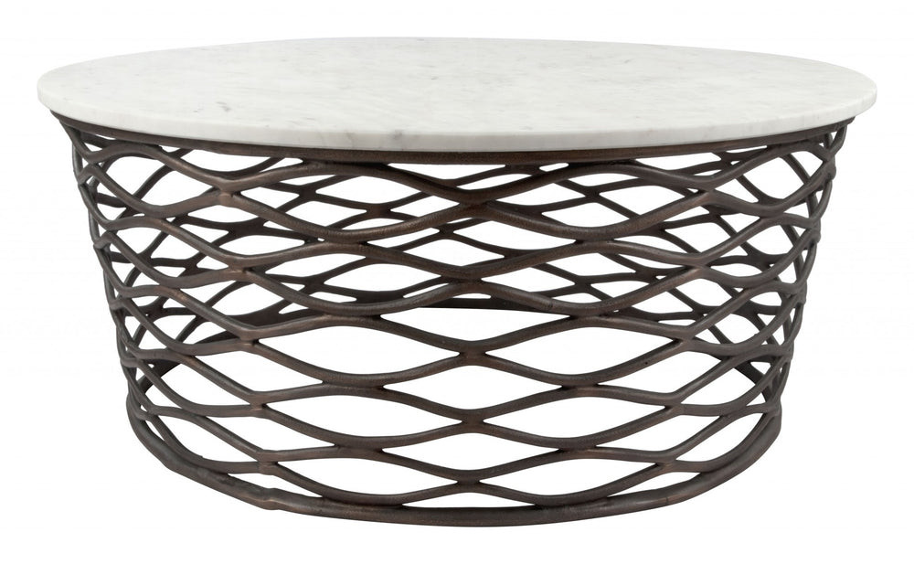 Homeroots 36" White And Antiqued Bronze Genuine Marble And Aluminum Round Coffee Table   395186
