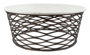 Homeroots 36" White And Antiqued Bronze Genuine Marble And Aluminum Round Coffee Table   395186