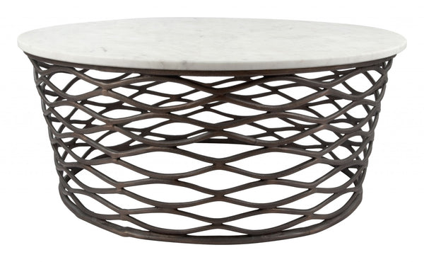 Homeroots 36" White And Antiqued Bronze Genuine Marble And Aluminum Round Coffee Table   395186