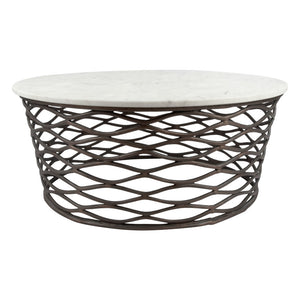 Homeroots 36" White And Antiqued Bronze Genuine Marble And Aluminum Round Coffee Table   395186