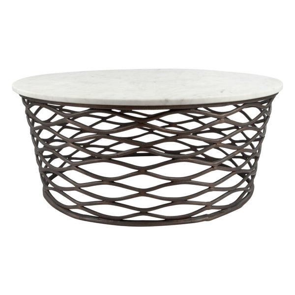 Homeroots 36" White And Antiqued Bronze Genuine Marble And Aluminum Round Coffee Table   395186