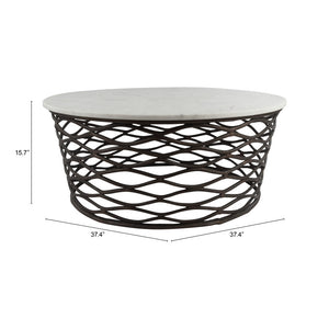 Homeroots 36" White And Antiqued Bronze Genuine Marble And Aluminum Round Coffee Table   395186