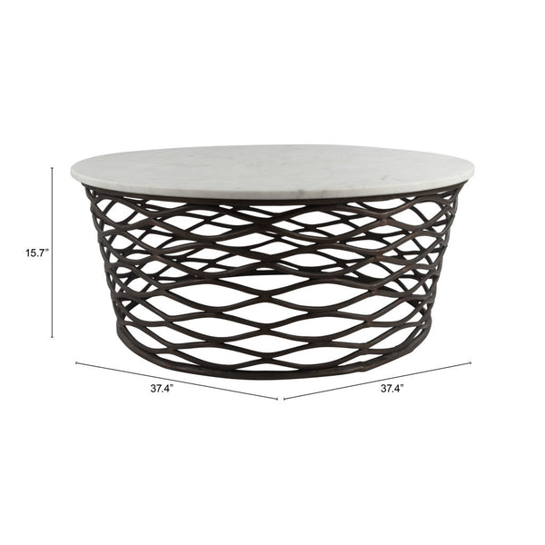 Homeroots 36" White And Antiqued Bronze Genuine Marble And Aluminum Round Coffee Table   395186