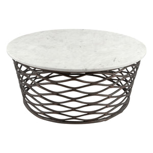 Homeroots 36" White And Antiqued Bronze Genuine Marble And Aluminum Round Coffee Table   395186
