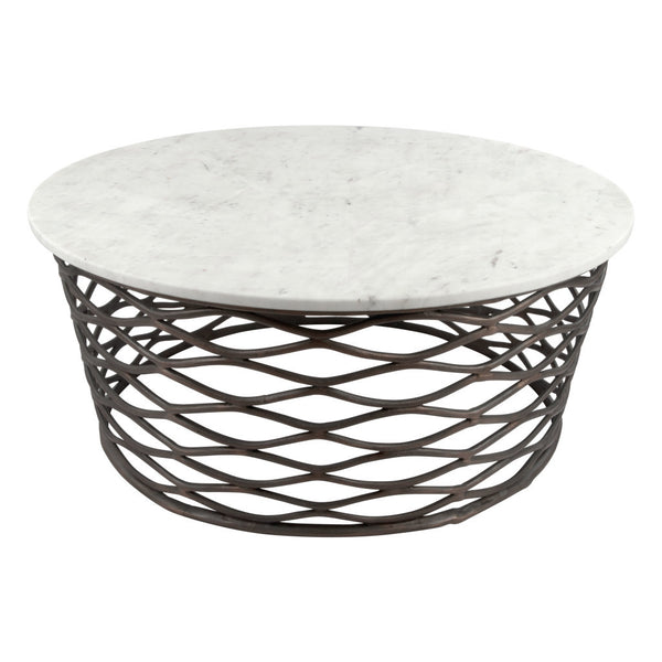 Homeroots 36" White And Antiqued Bronze Genuine Marble And Aluminum Round Coffee Table   395186