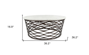 Homeroots 36" White And Antiqued Bronze Genuine Marble And Aluminum Round Coffee Table   395186