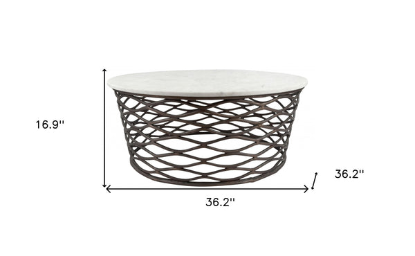 Homeroots 36" White And Antiqued Bronze Genuine Marble And Aluminum Round Coffee Table   395186