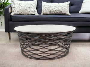 Homeroots 36" White And Antiqued Bronze Genuine Marble And Aluminum Round Coffee Table   395186