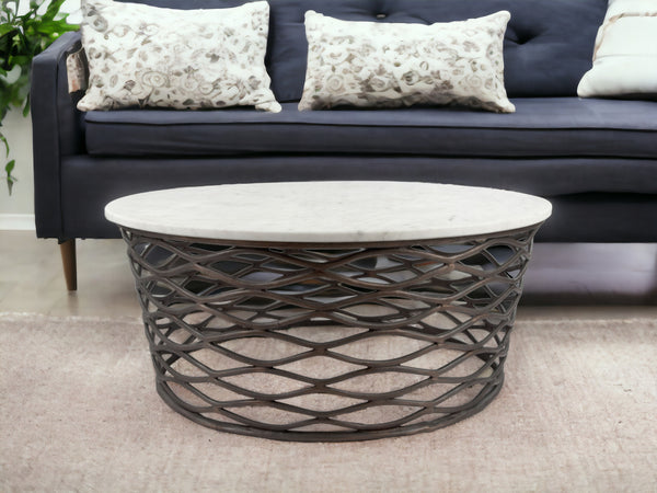 Homeroots 36" White And Antiqued Bronze Genuine Marble And Aluminum Round Coffee Table   395186