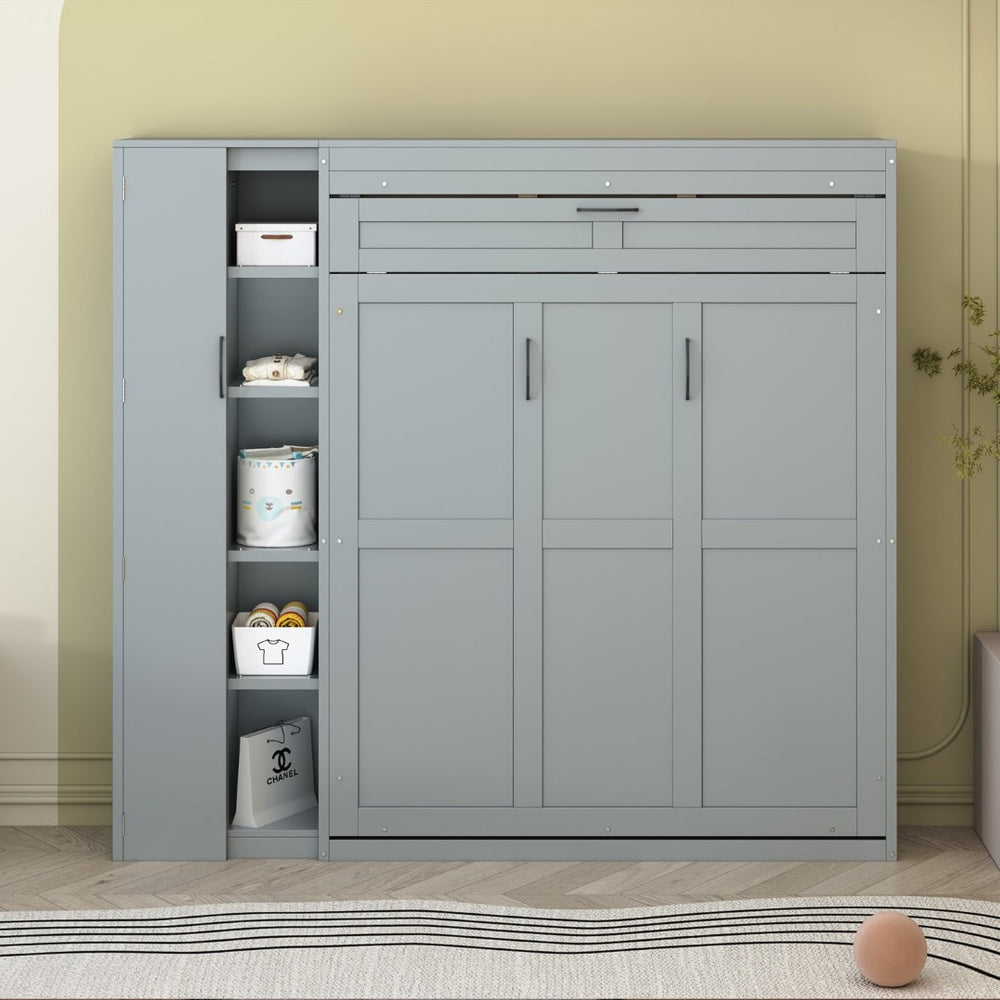 English Elm Full Size Murphy Bed with Open Shelving Wardrobe and Led Lighting for Studio Spaces Gray LP000898AAE