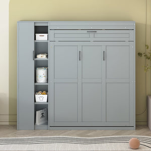 English Elm Full Size Murphy Bed with Open Shelving Wardrobe and Led Lighting for Studio Spaces Gray LP000898AAE