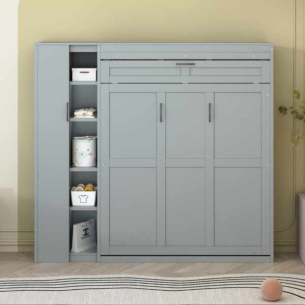 English Elm Full Size Murphy Bed with Open Shelving Wardrobe and Led Lighting for Studio Spaces Gray LP000898AAE