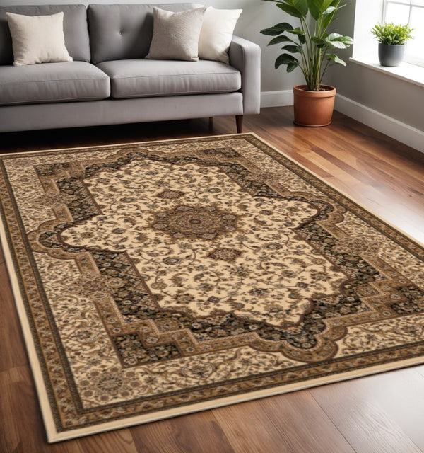 HomeRoots 4' Black and Ivory Oriental Area Rug - Elegant Design for High-Traffic Spaces, Easy Care, Durable Quality 5' X 8' 395191