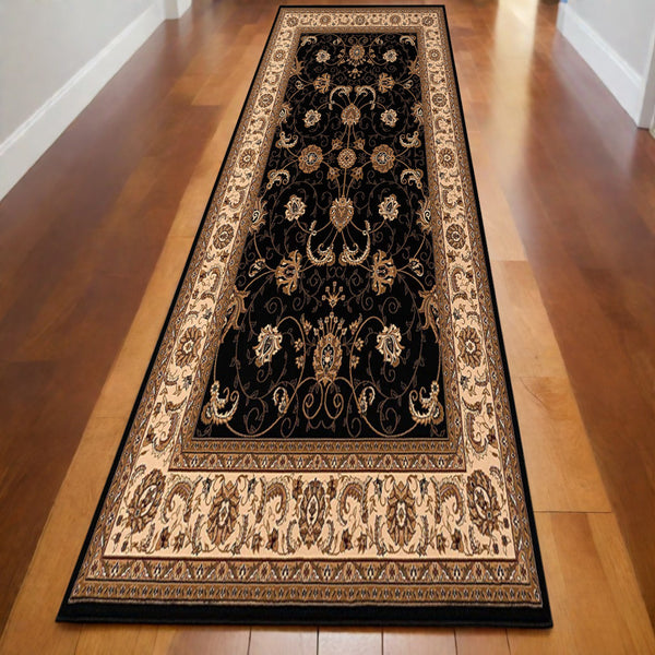 Homeroots 15' Runner Black And Ivory Oriental Power Loom Runner Rug  Olefin 395197