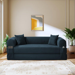 English Elm Convertible Corduroy Sleeper Sofa Queen Fold Out Bed with Dual Storage Pockets Navy Blue W3396P483181