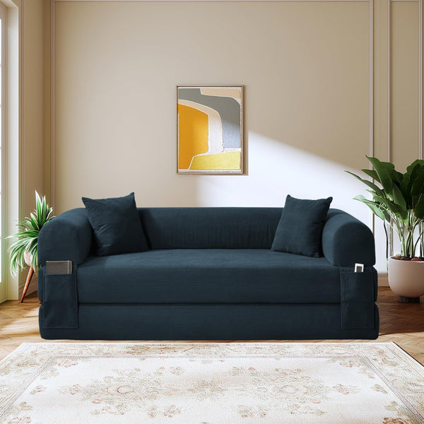 English Elm Convertible Corduroy Sleeper Sofa Queen Fold Out Bed with Dual Storage Pockets Navy Blue W3396P483181