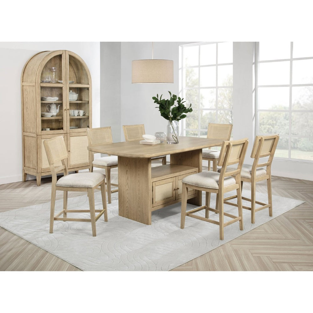 English Elm Kimpton Oak Veneer Counter Dining Set with Cane Chairs and Vitrine Cabinet B062S01824