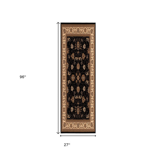 HomeRoots 10' Black and Ivory Oriental Runner Rug - Elegant Design for Hallways, Kitchens, and Entryways 2x8 395202