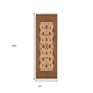 HomeRoots 10' Elegant Beige and Ivory Oriental Runner Rug for Hallways, Kitchens, and Transitional Spaces 2x13 395218