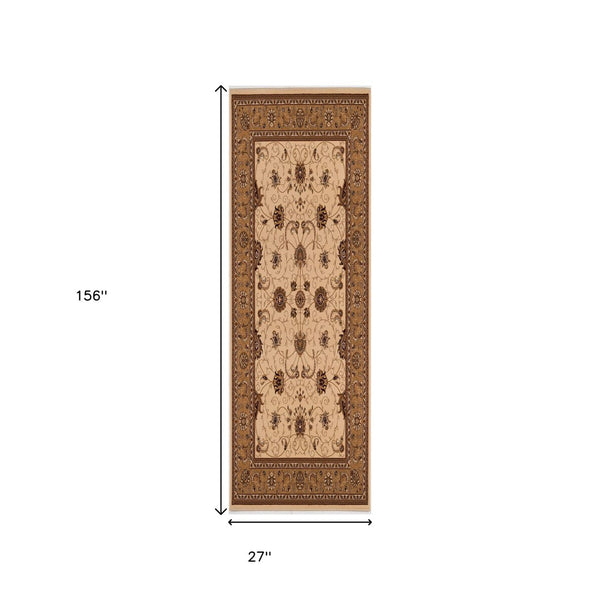 HomeRoots 10' Elegant Beige and Ivory Oriental Runner Rug for Hallways, Kitchens, and Transitional Spaces 2x13 395218