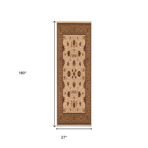 HomeRoots 10' Elegant Beige and Ivory Oriental Runner Rug for Hallways, Kitchens, and Transitional Spaces 2x15 395219