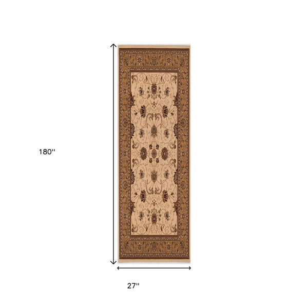 HomeRoots 10' Elegant Beige and Ivory Oriental Runner Rug for Hallways, Kitchens, and Transitional Spaces 2x15 395219