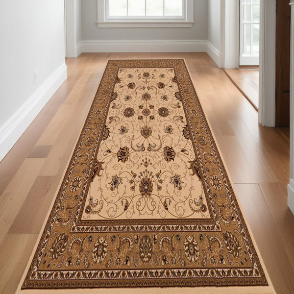 HomeRoots 10' Elegant Beige and Ivory Oriental Runner Rug for Hallways, Kitchens, and Transitional Spaces 3x10 395225