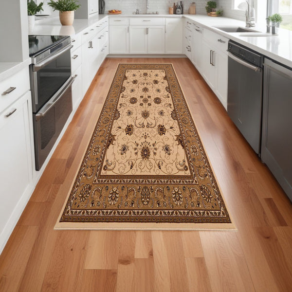 Homeroots 15' Runner Beige And Ivory Oriental Power Loom Runner Rug  Olefin 395228