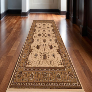 HomeRoots 10' Elegant Beige and Ivory Oriental Runner Rug for Hallways, Kitchens, and Transitional Spaces 3x20 395229