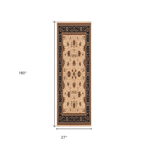 HomeRoots 10' Elegant Black and Ivory Oriental Runner Rug – Durable, Abstract Design for Hallways and Entryways 2x15 395241