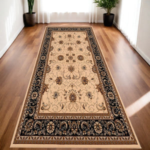 HomeRoots 10' Elegant Black and Ivory Oriental Runner Rug – Durable, Abstract Design for Hallways and Entryways 2x20 395242