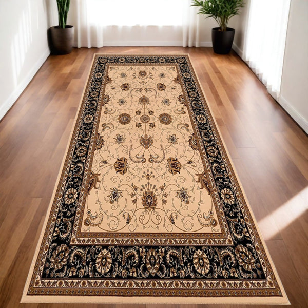 HomeRoots 10' Elegant Black and Ivory Oriental Runner Rug – Durable, Abstract Design for Hallways and Entryways 2x20 395242