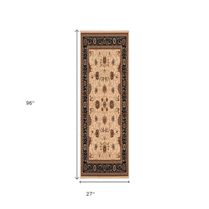 HomeRoots 10' Elegant Black and Ivory Oriental Runner Rug – Durable, Abstract Design for Hallways and Entryways 2x8 395246