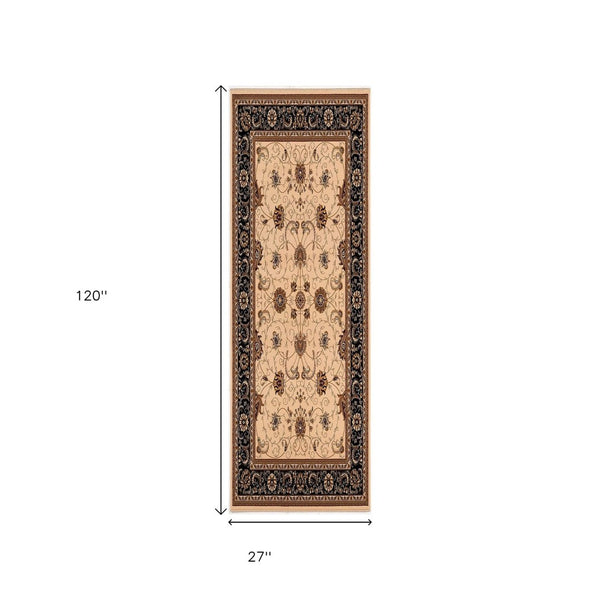 HomeRoots 10' Elegant Black and Ivory Oriental Runner Rug – Durable, Abstract Design for Hallways and Entryways 3x10 395247