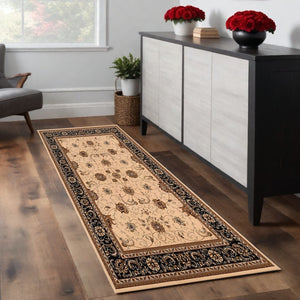 HomeRoots 10' Elegant Black and Ivory Oriental Runner Rug – Durable, Abstract Design for Hallways and Entryways 3x8 395254