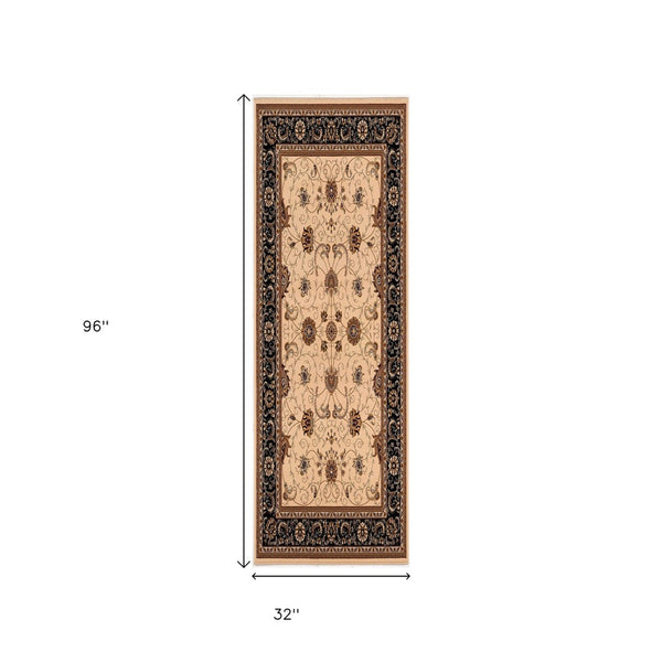 HomeRoots 10' Elegant Black and Ivory Oriental Runner Rug – Durable, Abstract Design for Hallways and Entryways 3x8 395254