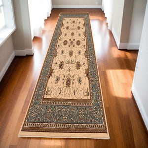Homeroots 10' Runner Blue And Ivory Oriental Power Loom Runner Rug  Olefin 395260