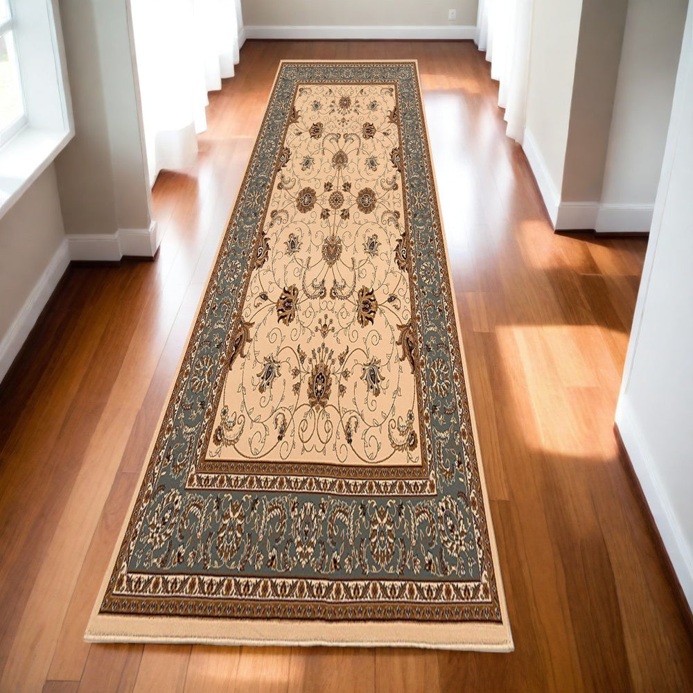 Homeroots 15' Runner Blue And Ivory Oriental Power Loom Runner Rug  Olefin 395263