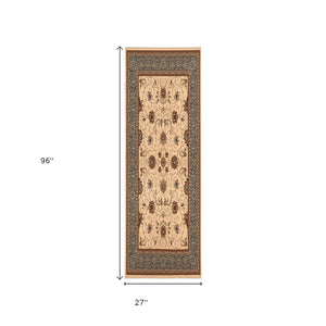 HomeRoots 10' Durable Blue and Ivory Oriental Runner Rug for Hallways – Timeless Style and Lasting Comfort 2x8 395268