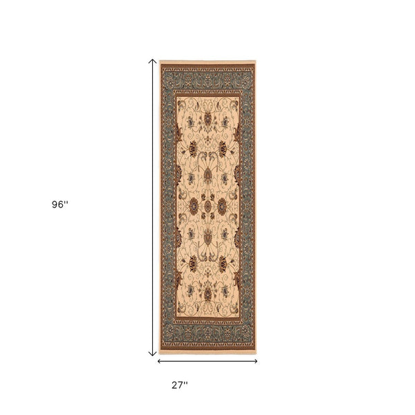 HomeRoots 10' Durable Blue and Ivory Oriental Runner Rug for Hallways – Timeless Style and Lasting Comfort 2x8 395268