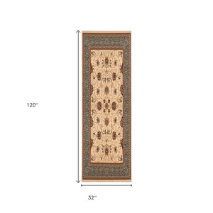 HomeRoots 10' Durable Blue and Ivory Oriental Runner Rug for Hallways – Timeless Style and Lasting Comfort 3x10 395269
