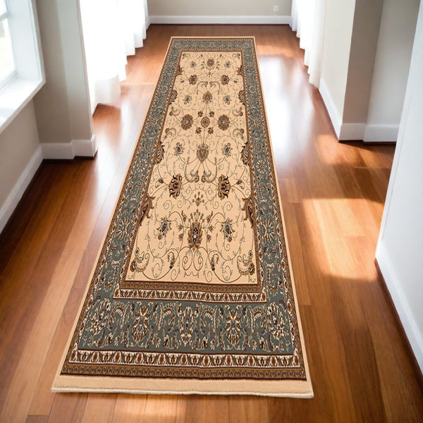 Homeroots 13' Runner Blue And Ivory Oriental Power Loom Runner Rug  Olefin 395271