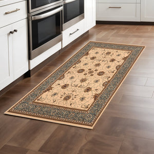 HomeRoots 10' Durable Blue and Ivory Oriental Runner Rug for Hallways – Timeless Style and Lasting Comfort 3x8 395276