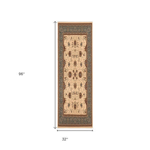 HomeRoots 10' Durable Blue and Ivory Oriental Runner Rug for Hallways – Timeless Style and Lasting Comfort 3x8 395276